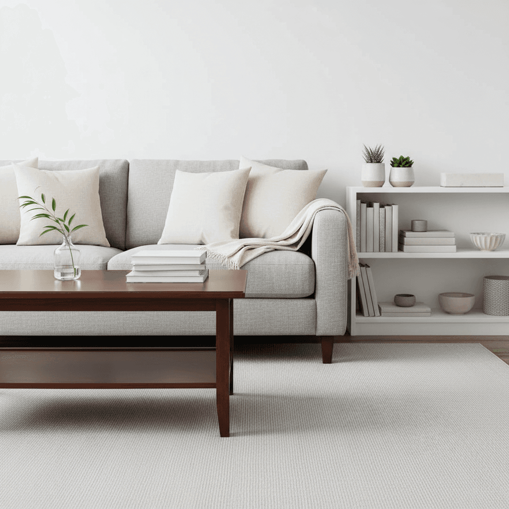 Clean and organized living room showing regular cleaning service maintenance results