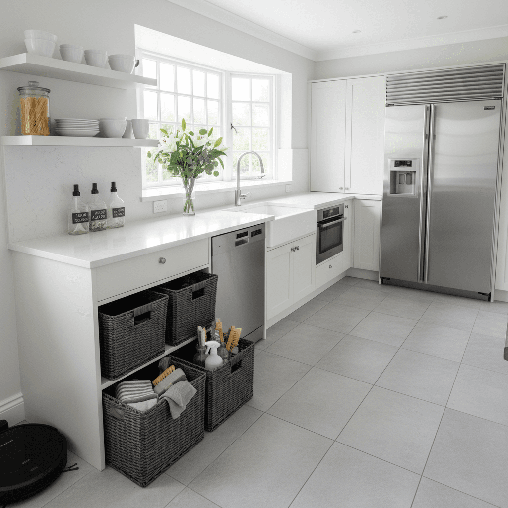 Professional home cleaning scene with sparkling clean kitchen, gleaming countertops, and organized cleaning supplies